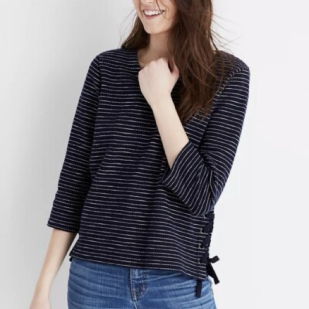 Madewell Striped Side-Lace Deep Navy and White Long sleeve Top - Picture 2 of 11